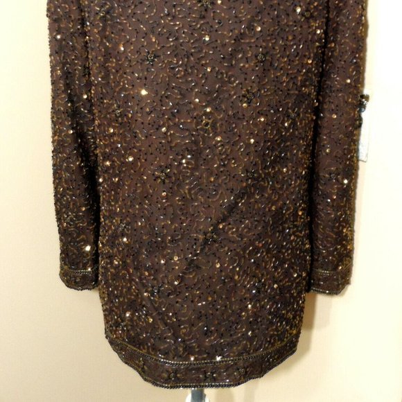 Vintage STENAY 100% Silk ALL Beaded Formal Jacket S Brown Hook front Overcoat LS - Picture 11 of 13